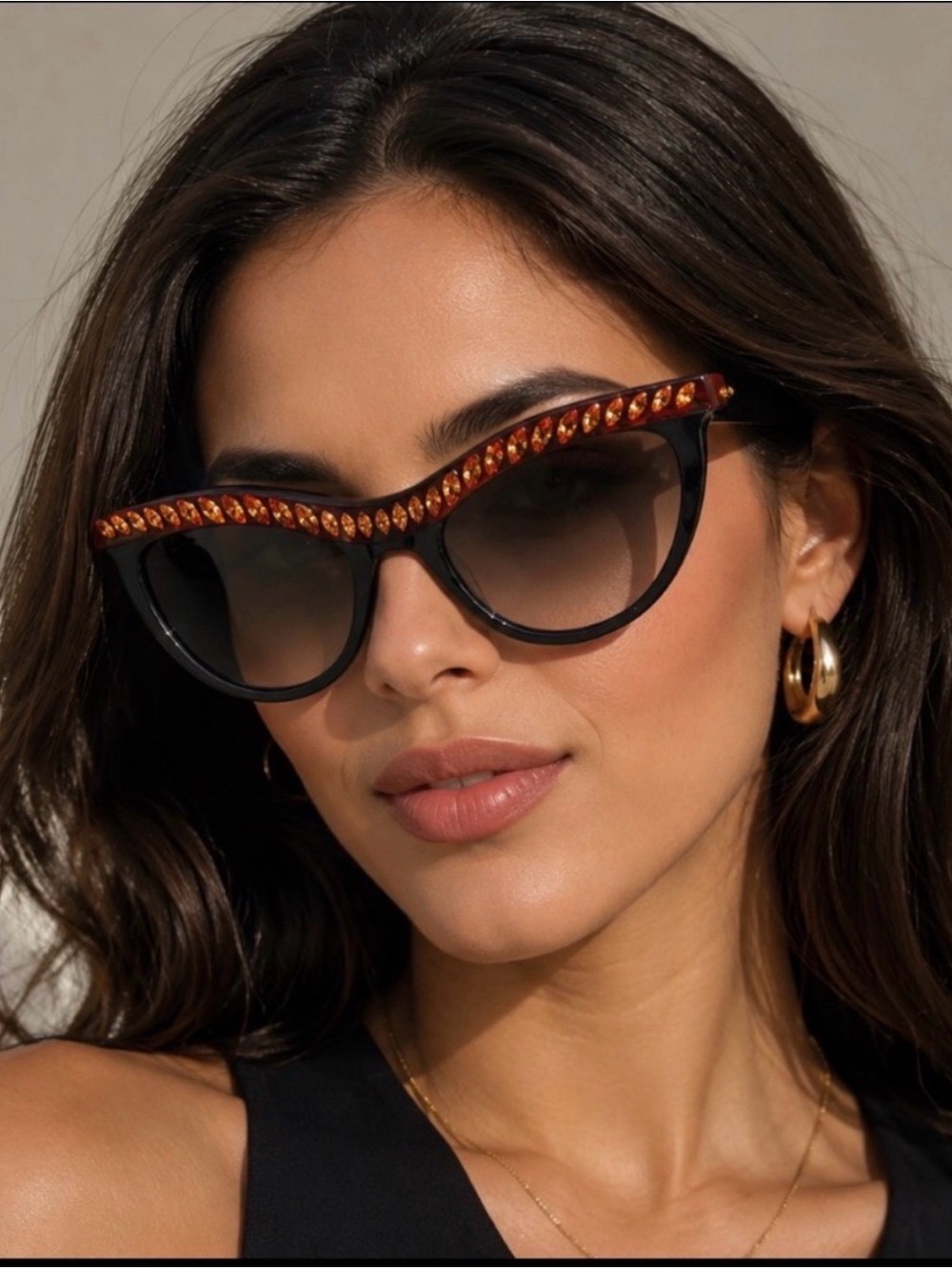 Women's PRADA Black Cat-Eye Sunglasses with Amber Crystal Trim
